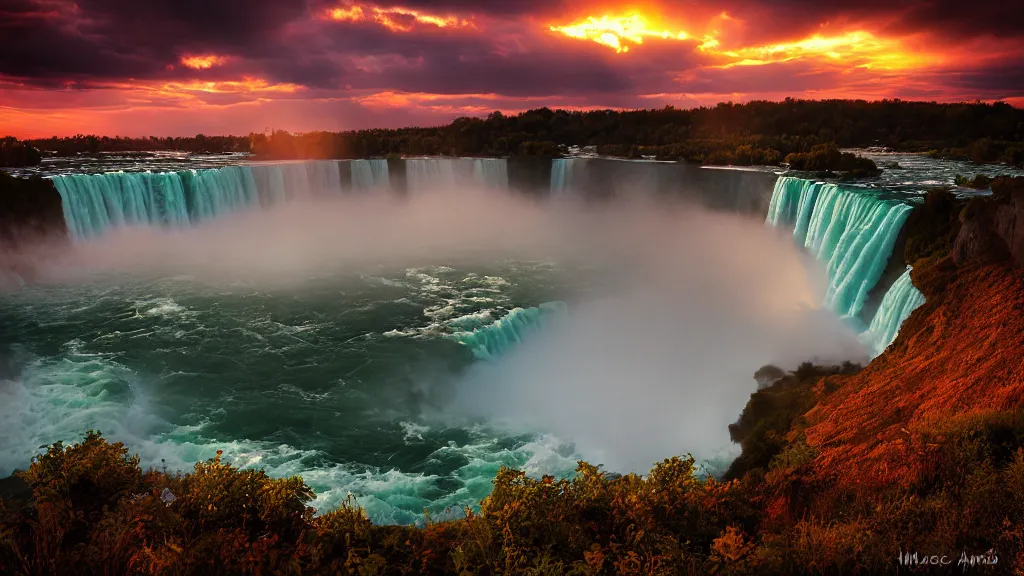 Prompt: amazing landscape photo of niagara falls in sunset by marc adamus, beautiful dramatic lighting