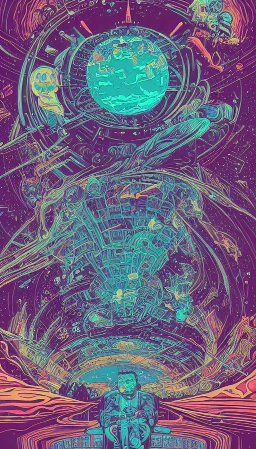 Image similar to the psychedelic adventures of the cosmic time travellers travelling through the multiverse, futurism, dan mumford, victo ngai, kilian eng, da vinci, josan gonzalez