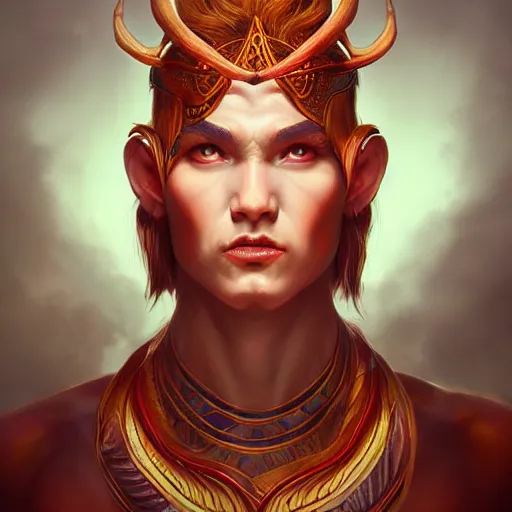 Image similar to Dramatic portraiture of Uuen, the Pictish god of stags, mixed media, trending on ArtStation, by Viktor Vasetnov and ArtGerm, luminism