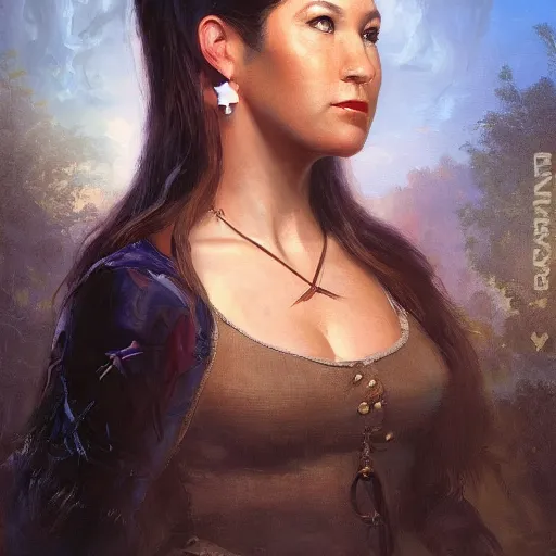 Image similar to portrait of an american woman ( 3 5 ) from the united states of america in 2 0 2 1, an oil painting by ross tran and thomas kincade