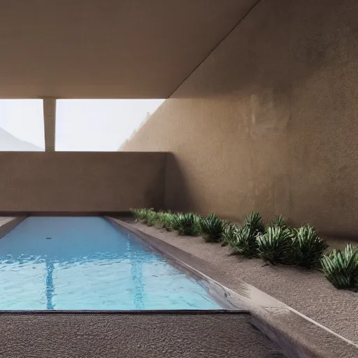 Image similar to brutalism building in the desert, biophilia mood, pool, garden, highly detailed, cinematic, photorealistic,