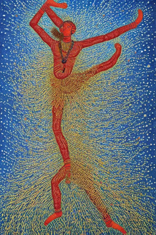 Image similar to ivan marchuk style nataraja dancing in a winter birch grove and raising snow clouds during a solar eclipse, visionary art style