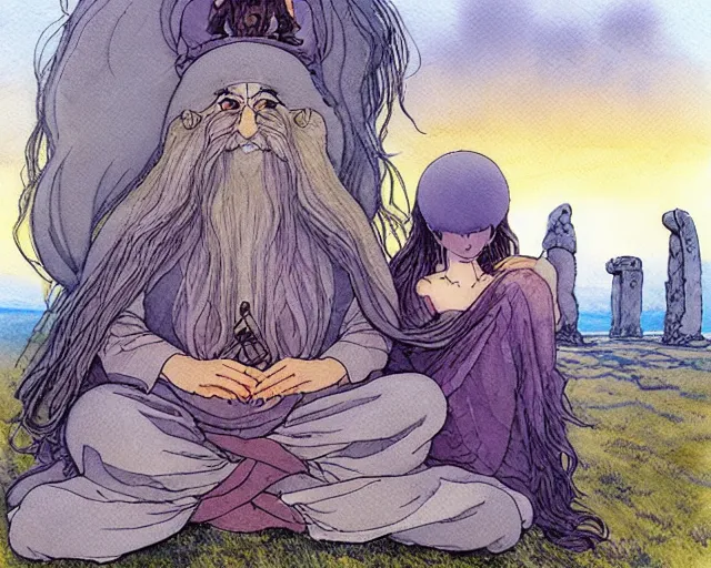 Image similar to a hyperrealist studio ghibli watercolor fantasy concept art of a giant long haired grey witch in lotus position sitting on top of stonehenge with a starry sky in the background. a group of tiny monks are prostrating them themselves. by rebecca guay, michael kaluta, charles vess