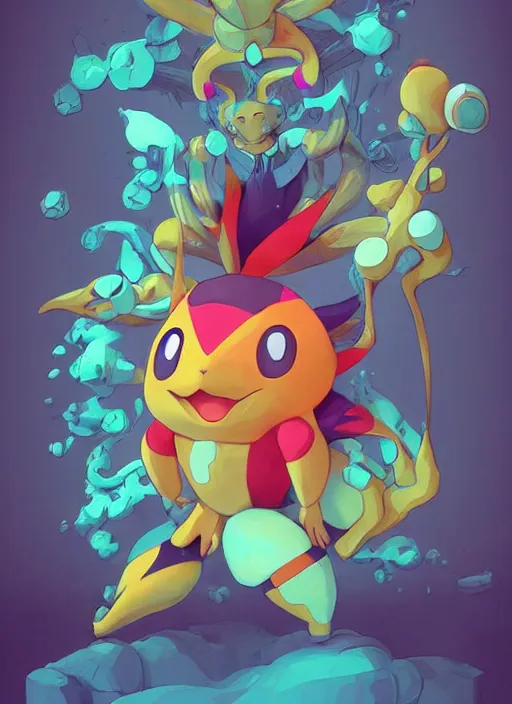 Image similar to colourful caricature - 3 d vfx art - of a pokemon, art style by james jean & hsiao - ron cheng, character concept art, unreal engine render, digital illustration, sharp, intricate detail, volumetric light, ray tracing, soft light, symmetric, pinterest, artstation, behance,