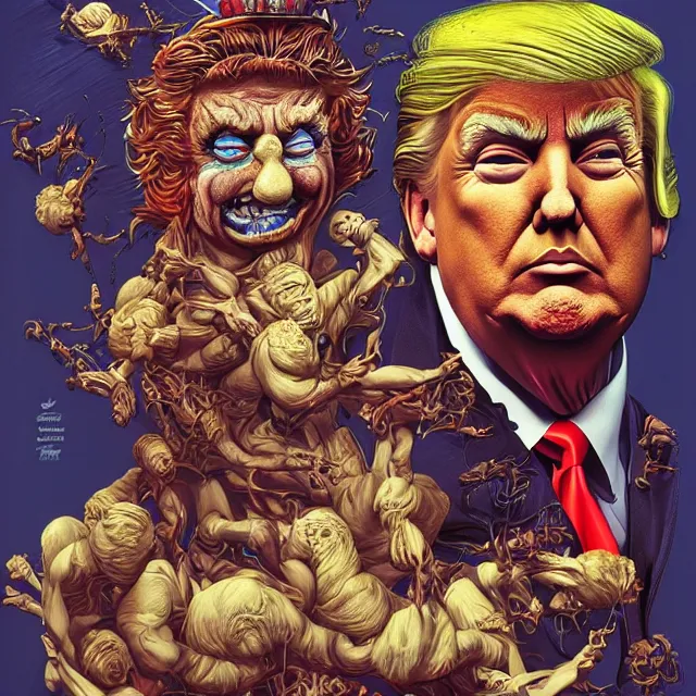 Prompt: donald trump is a disgusting clown, grotesque, horror, high details, intricate details, by vincent di fate, artgerm julie bell beeple, inking, vintage 9 0 s print, screen print