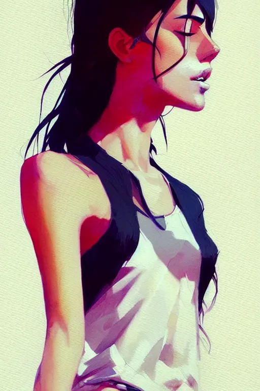 Image similar to a ultradetailed beautiful painting of a stylish woman with a white tank top, by conrad roset, greg rutkowski and makoto shinkai trending on artstation