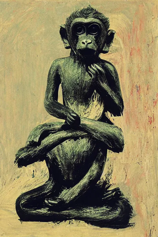 Prompt: meditating monkey in the lotus position painted by cy twombly and andy warhol