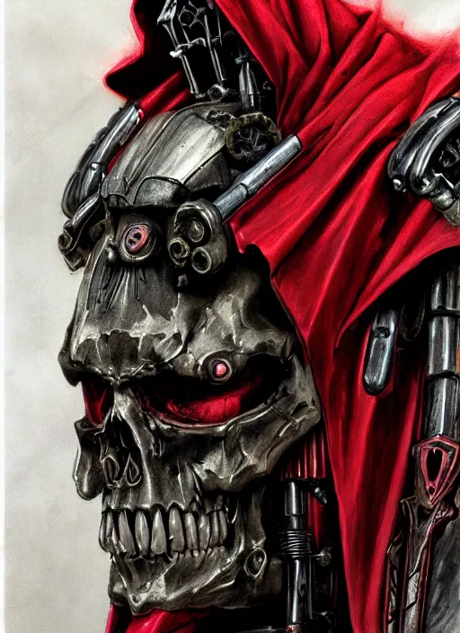 Image similar to portrait of rotten zombie skull adeptus mechanicus in red hood and robe from Warhammer 40000. Highly detailed, artstation, illustration by and John Blanche and zdislav beksinski and wayne barlowe