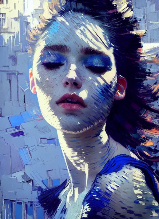 Image similar to portrait of beautiful girl, ecstatic, dancing, eyes closed, shades of blue and grey, beautiful face, rule of thirds, intricate outfit, spotlight, by greg rutkowski, by jeremy mann, by francoise nielly, by van gogh, digital painting