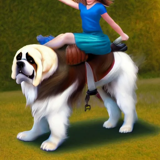 Image similar to girl riding a giant saint Bernard at the park that is catching a ball, trending on artstation