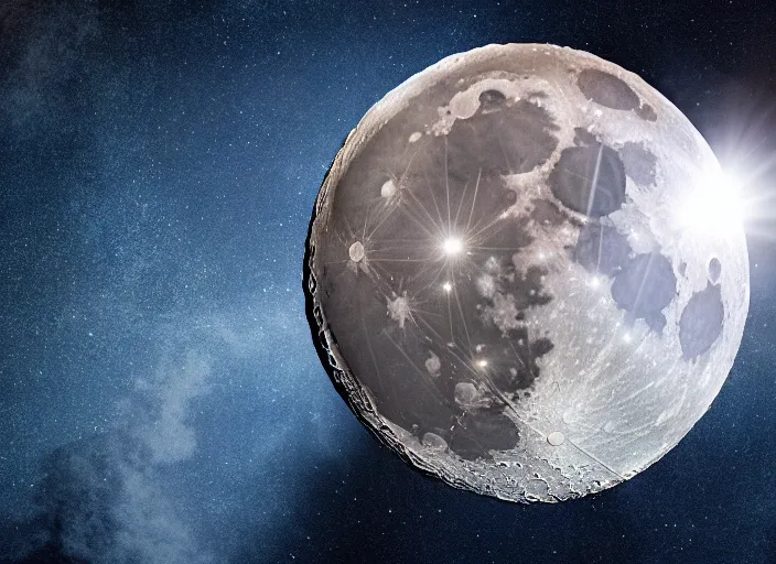 Image similar to film still of the moon splitting into pieces in the new disaster movie, 8 k, night time