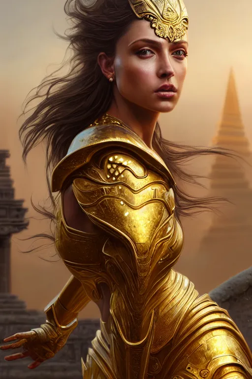 Prompt: professional digital art of a hyper realistic and highly detailed beautiful woman in a beautiful complex and sexy golden armor. girl's face is hyper realistic, symetric, and highly detailed. background is an ancient temple. greg rutkowski, zabrocki, karlkka, jayison devadas, intricate, artstation, 8 k, unreal engine 5