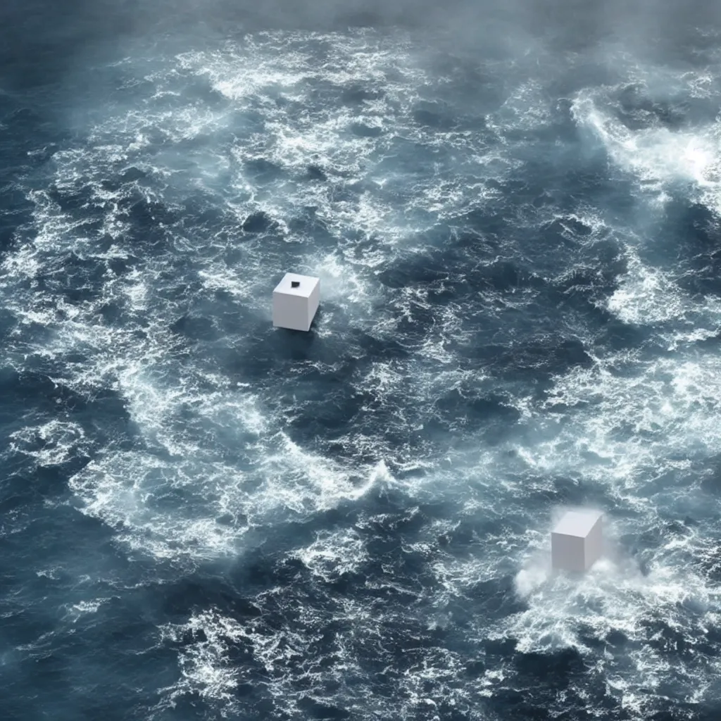 Image similar to a cube in the middle of the ocean with images of a tumultuous sea on its sides. Cinematic