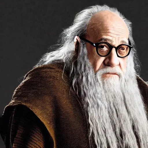 Image similar to movie still of danny devito starring as gandalf the white in the 2 0 2 4 lord of the rings movie, full body, hyper realistic, high quality, wide angle