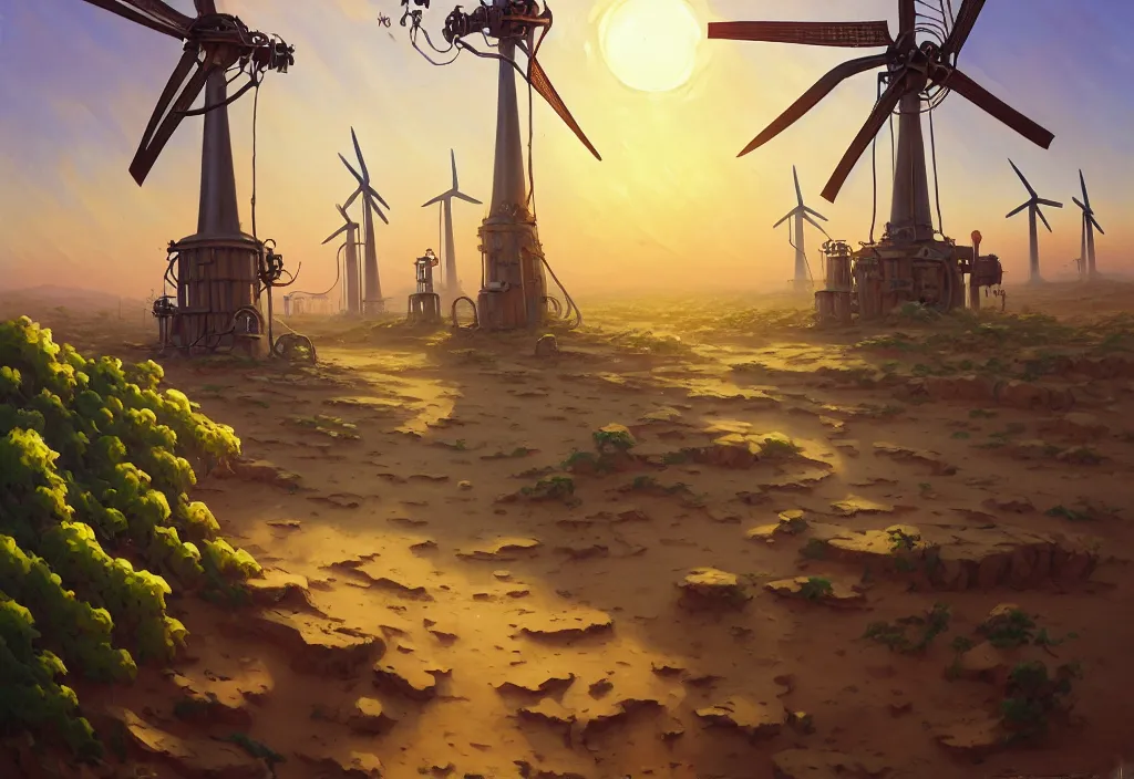 Image similar to steampunk windmills in the desert with chubby vines in the foreground, intricate oil painting, high detail illustration, sharp high detail, manga and anime 1 9 9 9, official fanart behance hd artstation by jesper ejsing and makoto shinkai, 4 k,