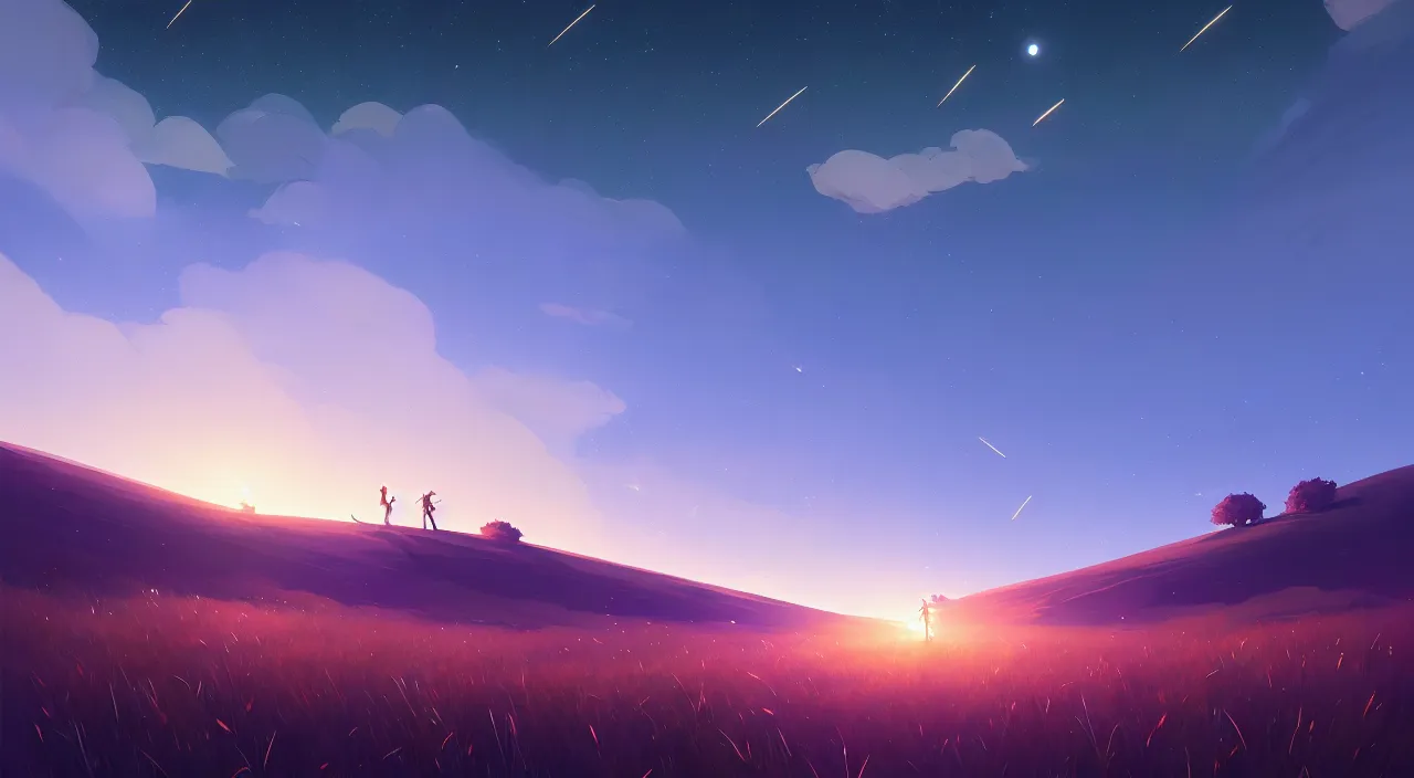 Prompt: long exposure of grass fields below the night sky, in marble incrusted of legends official fanart behance hd by Jesper Ejsing, by RHADS, Makoto Shinkai and Lois van baarle, ilya kuvshinov, rossdraws global illumination