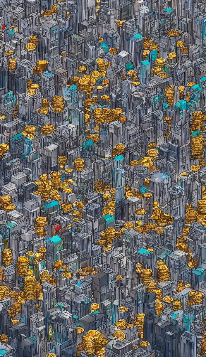 Image similar to cityscape with huge piles of crypto coins, concept art, award winning concept art, trending on artstation