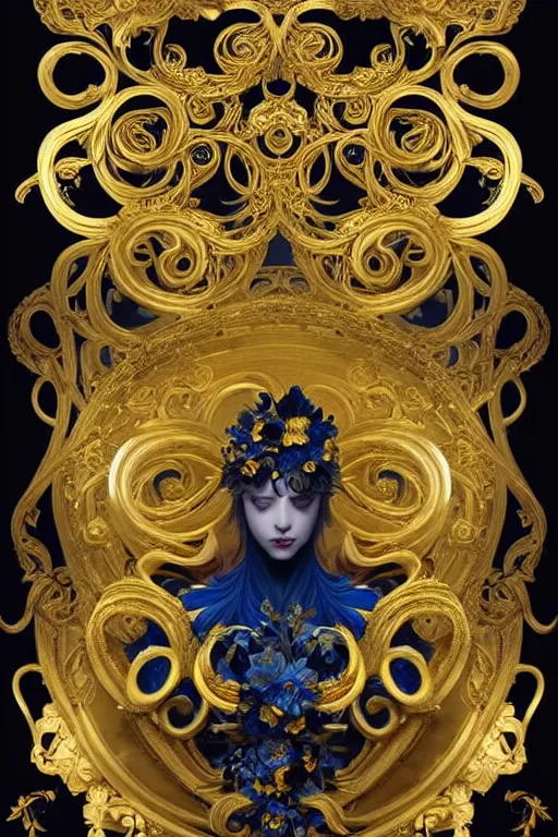 Image similar to beautiful black blue yellow, complicated gold and blue flowers the baroque style decoration, dark fantasy, intricate, elegant, highly detailed, digital painting, artstation, concept art, matte, 3 d 8 k octane rendered, sharp focus, illustration, octane rendered, art by artgerm and alphonse mucha, leesha hannigan