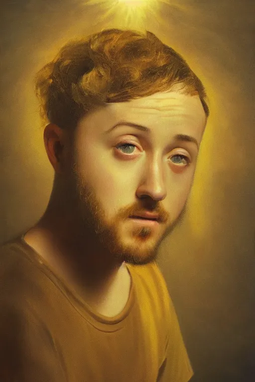 Prompt: Oil painting on Linen of Mac Miller in Heaven, Wearing a Golden Halo, RIP, Rembrandt Lighting, Portrait, Heavenly, Divinity, beams of golden light, Hope, Ethereal, Symmetrical face, ladders, faces, angelic, intricate details, 4k detail post processing, hyperrealistic, ultra detailed, cinematic, by Rembrandt, heavy brushstrokes