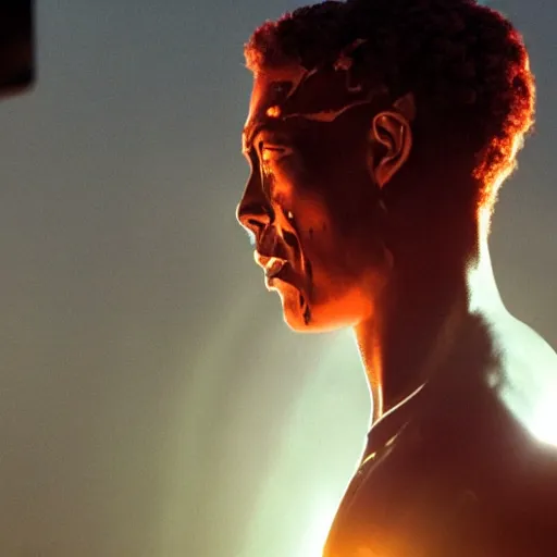 Prompt: movie still of cyborg with sun head, cinematic composition, cinematic light, criterion collection, by edgar wright