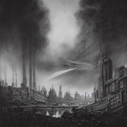 Image similar to dieselpunk city pollution river drawn by gustave dore perspective wide angle