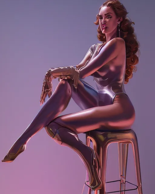 Image similar to beauty woman sitting on a stool, dramatic lighting, mechanical details, back facing, electrical details, high details, 4k, 8k, trending on artstation, by Hajime Sorayama and Boris Vallejo