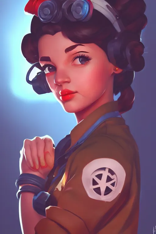 Image similar to a portrait of a cute rosie the riveter, industrial setting, overwatch art team, vivid colors, soft lighting, atmospheric, cinematic, moody, splash art in the style of ilya kuvshinov, oil on canvas, 8 k