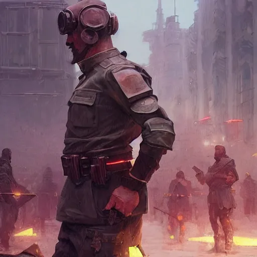 Image similar to a highly detailed epic cinematic concept art CG render digital painting artwork costume design: 1980s dieselpunk Soviet policeman. By Greg Rutkowski, Ilya Kuvshinov, WLOP, Stanley Artgerm Lau, Ruan Jia and Fenghua Zhong, trending on ArtStation, subtle muted cinematic colors, made in Maya, Blender and Photoshop, octane render, excellent composition, cinematic atmosphere, dynamic dramatic cinematic lighting, precise correct anatomy, aesthetic, very inspirational, arthouse