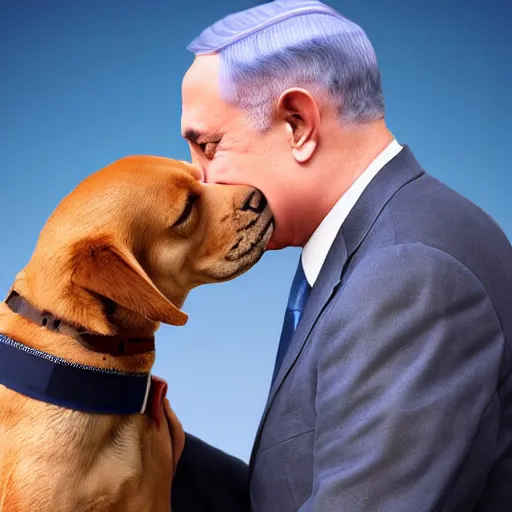 Image similar to benjamin netanyahu kissing a dog, photorealistic, detailed