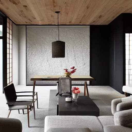 Image similar to lounge and dining room, stone, interior design, stylish luxury hotel living room design, yakisugi, black vertical slatted timber, textures, feminine, black walls, art, Japanese pottery vase with flowers, kakejiku, seasonal, Japanese influences