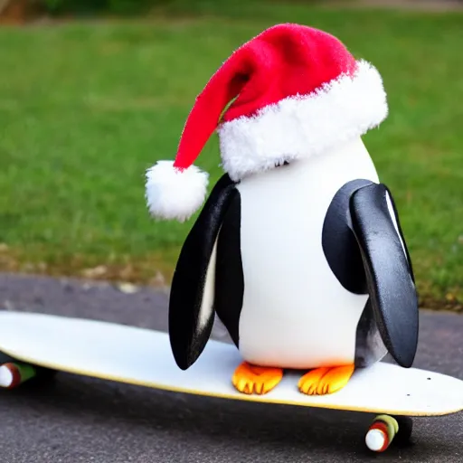 Prompt: penguin in a santa hat on a skateboard