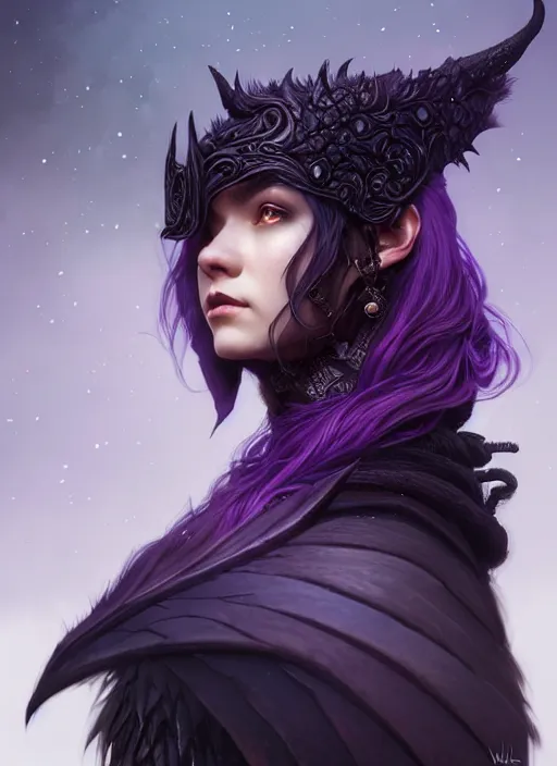 Image similar to side portrait crow, adventurer outfit large cloak, fantasy forest landscape, dragon scales, fantasy magic, undercut hairstyle, short purple black fade hair, dark light night, intricate, elegant, sharp focus, illustration, highly detailed, digital painting, concept art, matte, art by WLOP and Artgerm and Greg Rutkowski and Alphonse Mucha, masterpiece