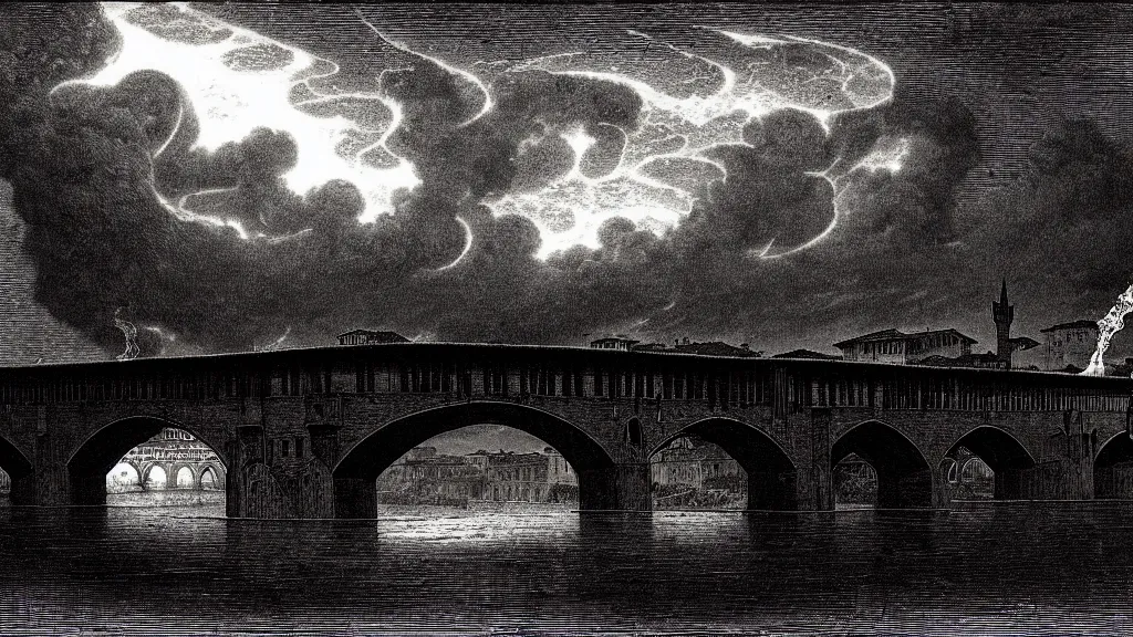 Prompt: the old bridge in florence burns, dark clouds, fire, burning, dark, eerie, night, dystopian, city, eldritch, illustration by Gustave Doré