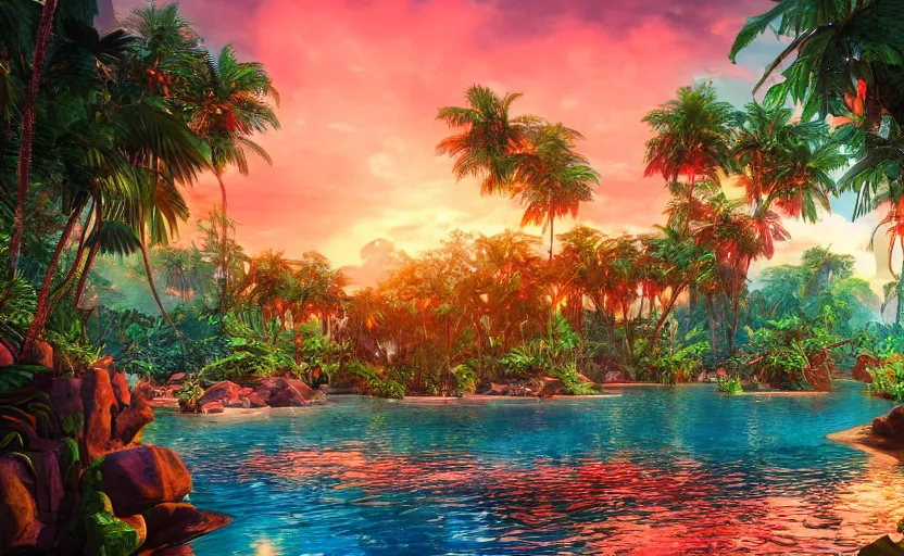 Image similar to a tropical resort in a jungle paradise, with a beautiful red and blue sunset, dynamic lighting, photorealistic fantasy concept art, trending on art station, stunning visuals, creative, cinematic, ultra detailed, ray tracing, sun rays, native tribes, wonderous waters, amazing detail