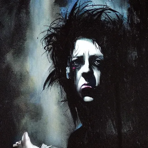 Image similar to stunning portrait of gaunt joe strummer a ( the cure fan ) as dream from sandman, dim stars as eyes, by jeremy mann, by cedric peyravernay, by by russ mills, by richard avedon and ben templesmith, dramatic lightning, sadness, dark eye sockets, in the shadows, punk rock, gothic, high detailed, 8 k