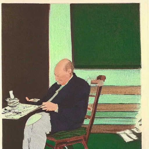 Image similar to old balding japanese man with white shirt, sitting on a chair and reading newspaper while looking at the ceiling of his room with contrastic green lighting by monet