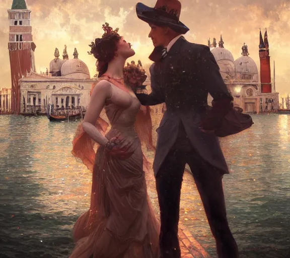 Image similar to photography of a 1 8 th couple in venice with fireworks, deep focus, intricate, elegant, highly detailed, digital painting, artstation, concept art, matte, sharp focus, illustration, art by artgerm and greg rutkowski and alphonse mucha and gil elvgren