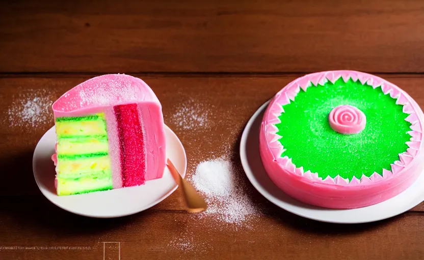 Image similar to A photo of a swedish princess cake from the side on a wooden table, covered with pink marzipan, some powder sugar and a green marzipan leaf in the center. Sunset. 4K. Cinematic lighting. High detail. Realistic. Delicious.