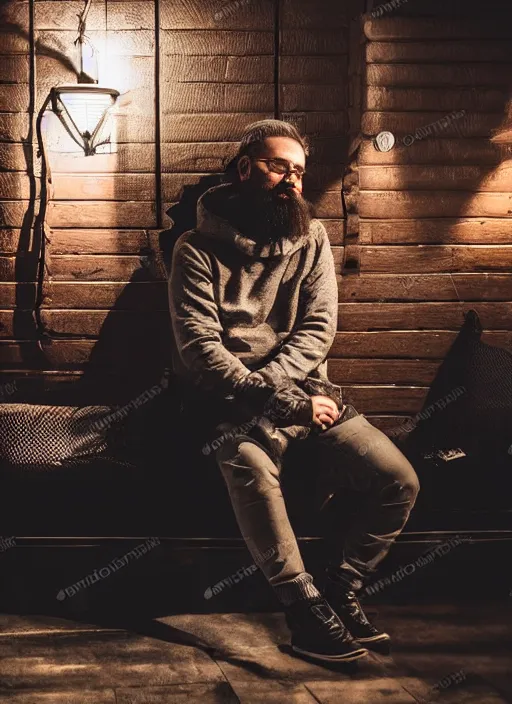 Image similar to Photography of a sad fully bearded man wearing warm clothes and carrying a huge travel backpack, drinking and smoking , sitting in a bar, full body shot, atmospheric lighting , wide angle lens