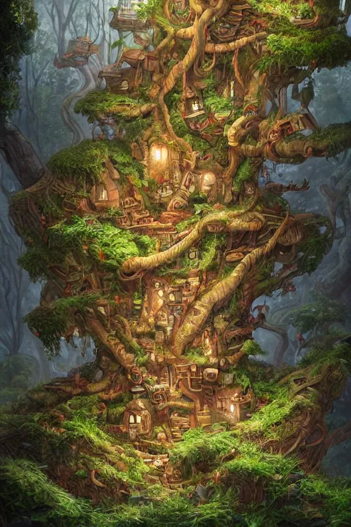 Image similar to a miniature city built into the trunk of a single colossal tree in the forest, with tiny people, in the style of jesper ejsing, lit windows, close - up, low angle, wide angle, awe - inspiring, highly detailed digital art