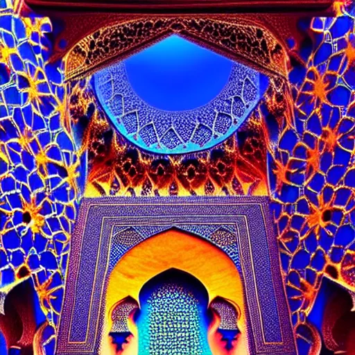 Image similar to cosmic cathedral created by the gods, large ( ( ( ( muqarnas ) ) ) ) beautiful moroccan colors, bold architecture, detailed, 4 k