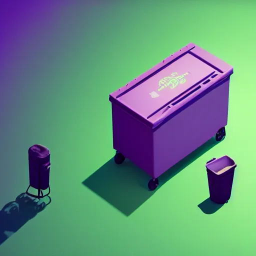 Image similar to isometric minimalistic backroom with pepe the frog and trashcans, cinema 4 d, 1 0 0 0 mm, purple and green scheme depth of field, octane render, studio lighting