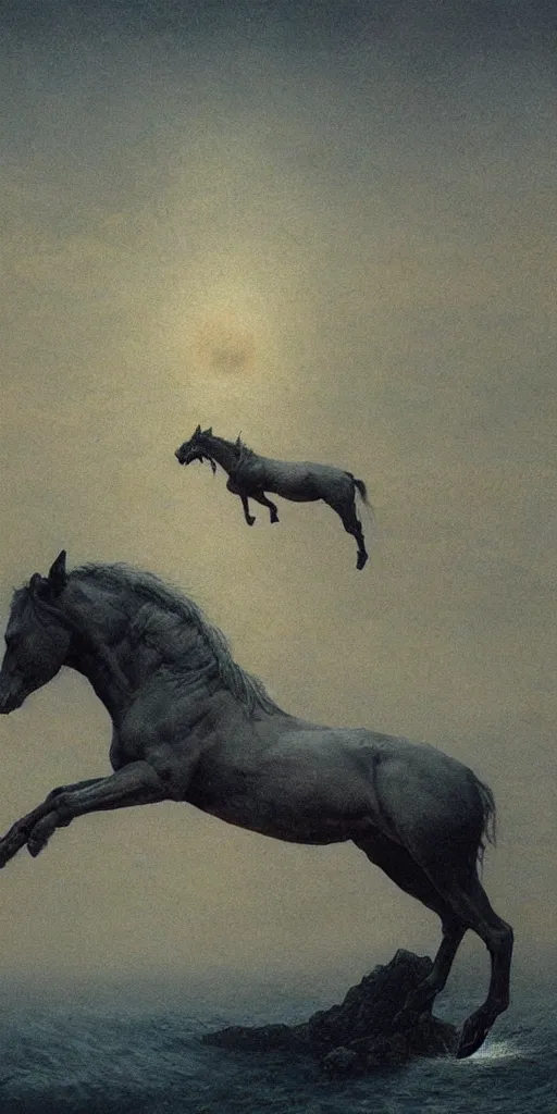 Prompt: a demon horse falls off a cliff and into the ocean, beksinski, dariusz zawadzki, surreal, ethereal