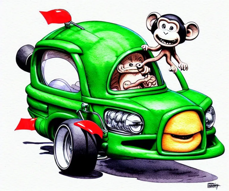 Prompt: cute and funny, monkey : : wearing a helmet : : riding in a tiny hot rod with oversized engine, ratfink style by ed roth, centered award winning watercolor pen illustration, isometric illustration by chihiro iwasaki, edited by range murata, tiny details by artgerm, symmetrically isometrically centered