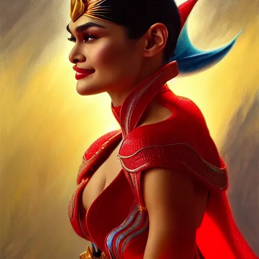 Image similar to pia wurtzbach as darna, volumetric lights, red and cyan theme, art nouveau botanicals, intricate, highly detailed, digital painting, artstation, concept art, smooth, sharp focus, cinematic, illustration, beautiful face, art by artgerm and greg rutkowski and alphonse mucha