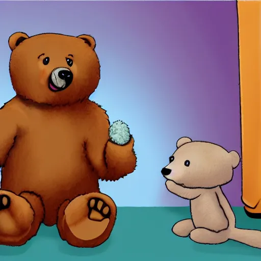 Image similar to a real bear playing with a doll's toy.. cartoon. digital art. high quality. high fidelity. cute.