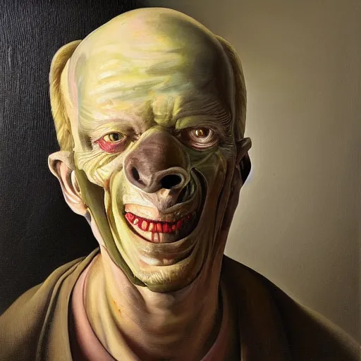 Image similar to Oil painting by Christian Rex Van Minnen of a portrait of an extremely bizarre disturbing mutated man with intense chiaroscuro lighting perfect composition