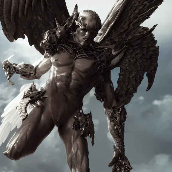 Image similar to cinematic full body shot of a male angel flying over hell, that's a beautiful stunning male angel, elegant pose, flying, detailed arms, streamlined white armor, two arms, two legs, detailed fanart, macro art, realistic digital art, DeviantArt, artstation, 3D realistic, 8k HD, octane render