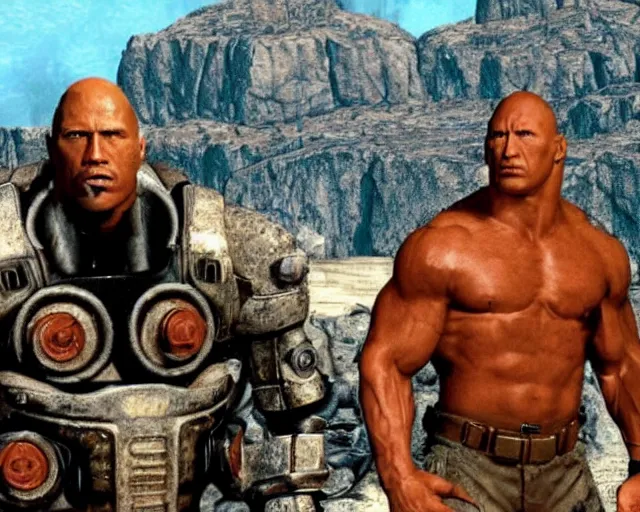 Image similar to Speaking with Fallout talking head of Dwayne Johnson, screenshot from Fallout (1997)