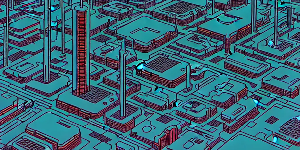 Prompt: areal view of mechanical futuristic utopian brutalist city in the style of Akira!